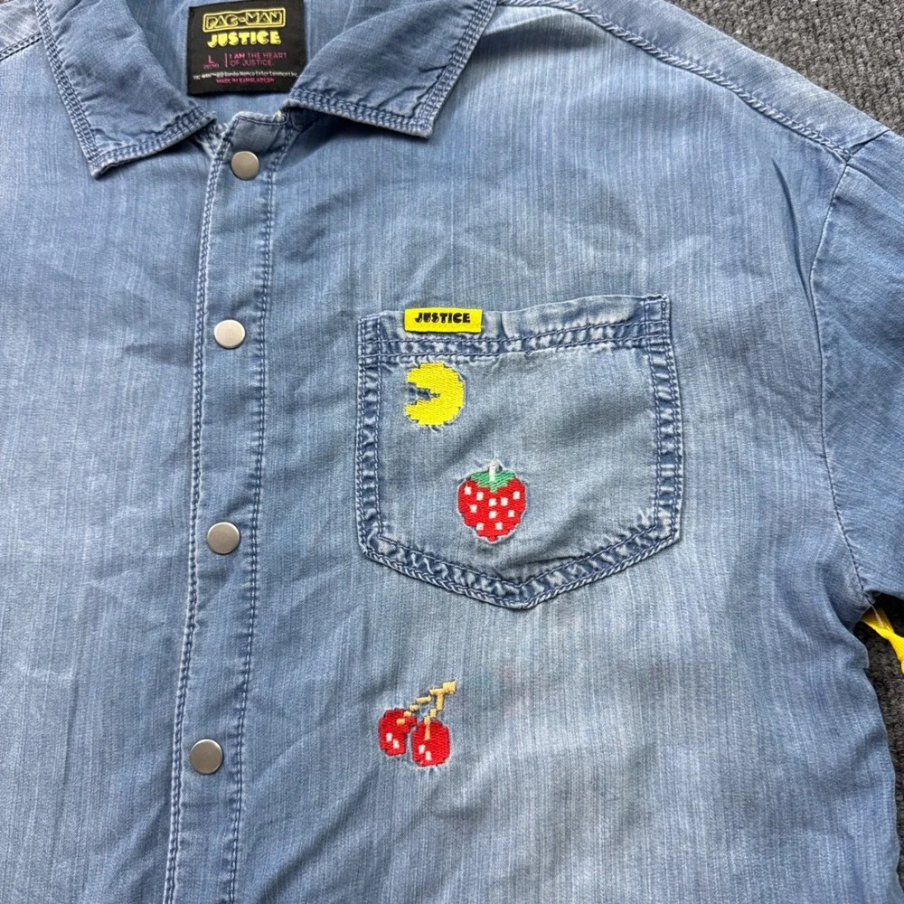Justice Pac-Man Denim Shirt Girls Large 12/14 Embroidered Raw Hem Gamer Chambray